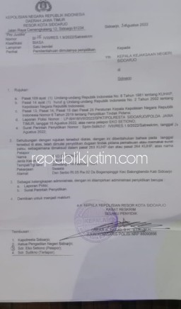 Penyidik Polresta Sidoarjo Kirim SPDP Dugaan Penggunaan Akta Kelahiran Palsu Kades Bogempinggir Ke Kejari Sidoarjo