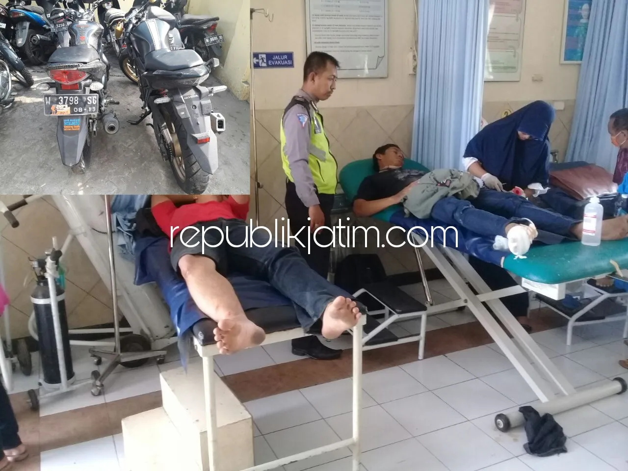 DIRAWAT - Para korban kecelakaan dirawat di Rumah Sakit Bhayangkara Pusdik Gasum Porong ditanyai identitasnya oleh anggota Laka Lantas, Aipda A Teguh Eko Wahono, Rabu (10/01/2018).
