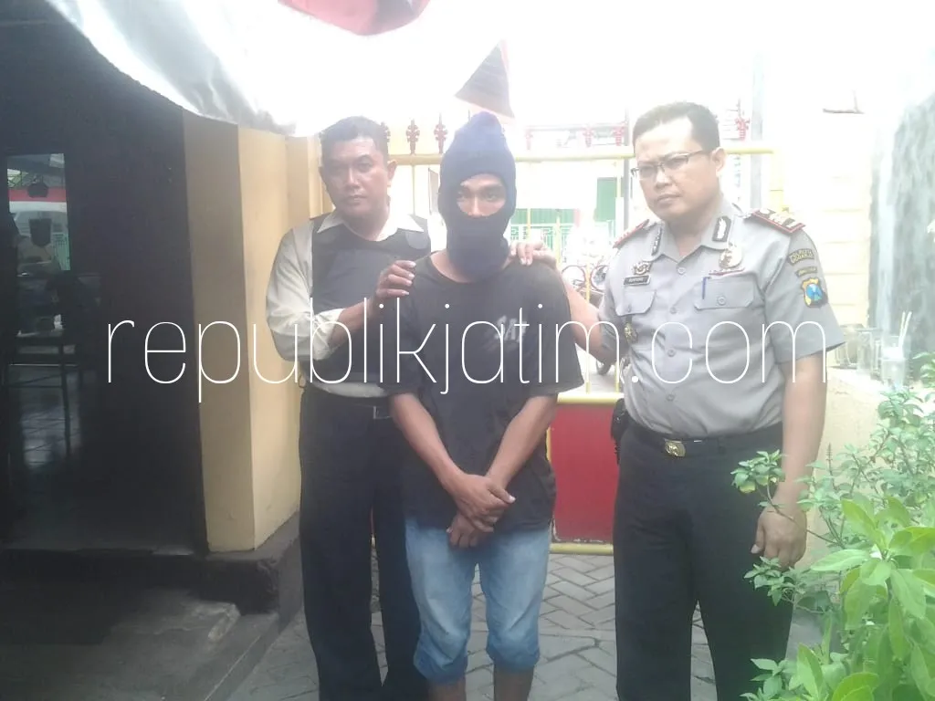 DIGELANDANG - Kapolsek Krembung, AKP Guntoro (kanan) saat menggelandang tersangka pencurian burung Love Bird, Firman Wahyudi (tengah) warga Kota Pasuruan, Rabu (01/08/2018).