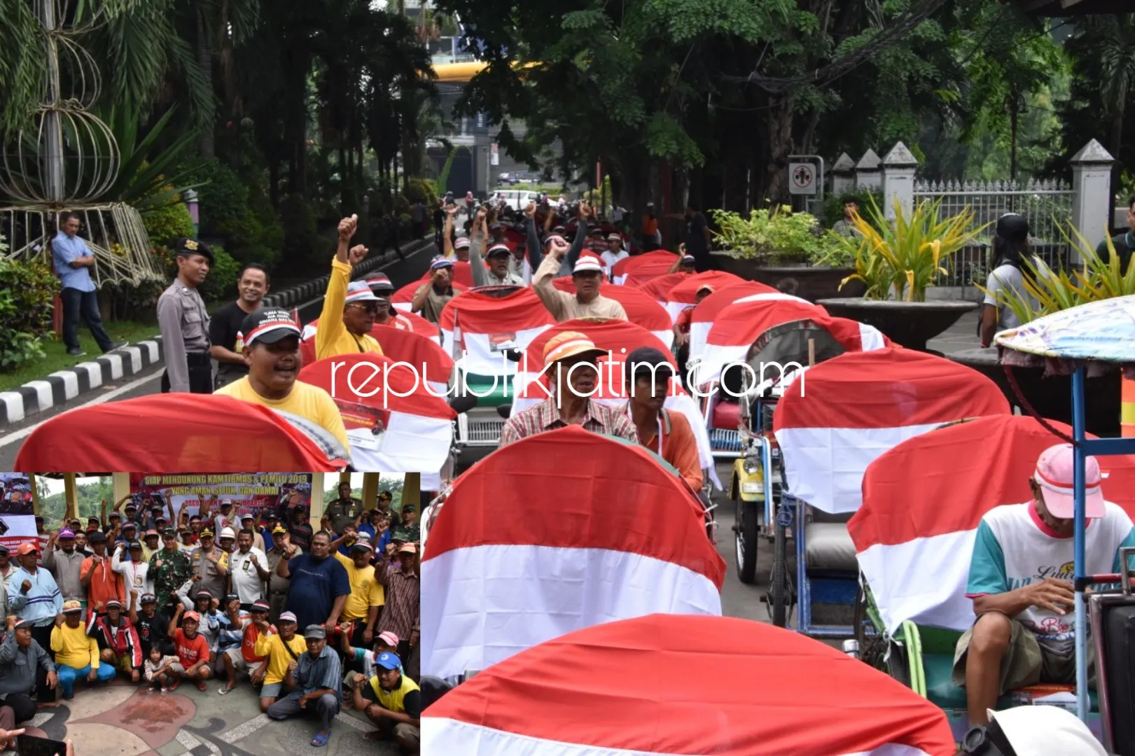Ratusan Tukang Becak Sidoarjo Kirab Merah Putih Deklarasikan Pemilu Damai