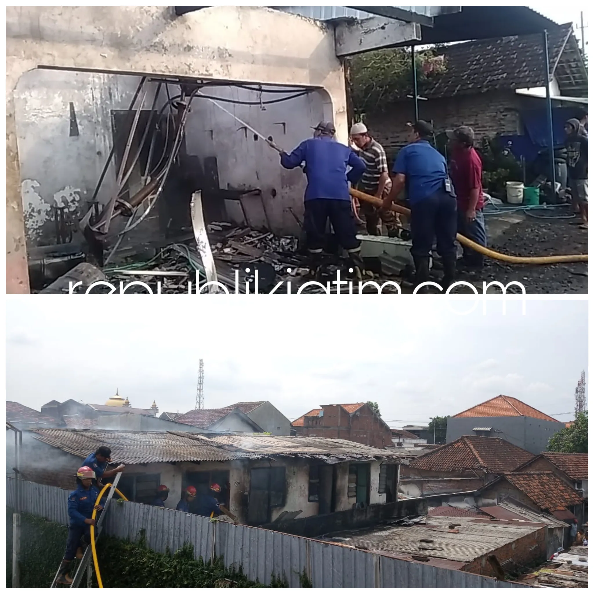 TERBAKAR - Petugas PMK Sidoarjo berusaha memadamkan api yang membakar toko sembako di Desa Pilang, Kecamatan Wonoayu dan kos-kosan di Desa Sawotratap, Kecamatan Gedangan yang terbakar, Jumat (12/04/2019).