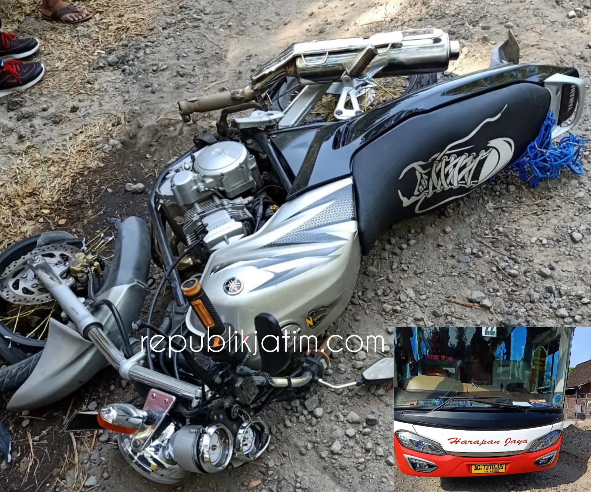 Motor Pemudik Ditabrak Bus Harapan Jaya di Ngawi, Korban Terluka