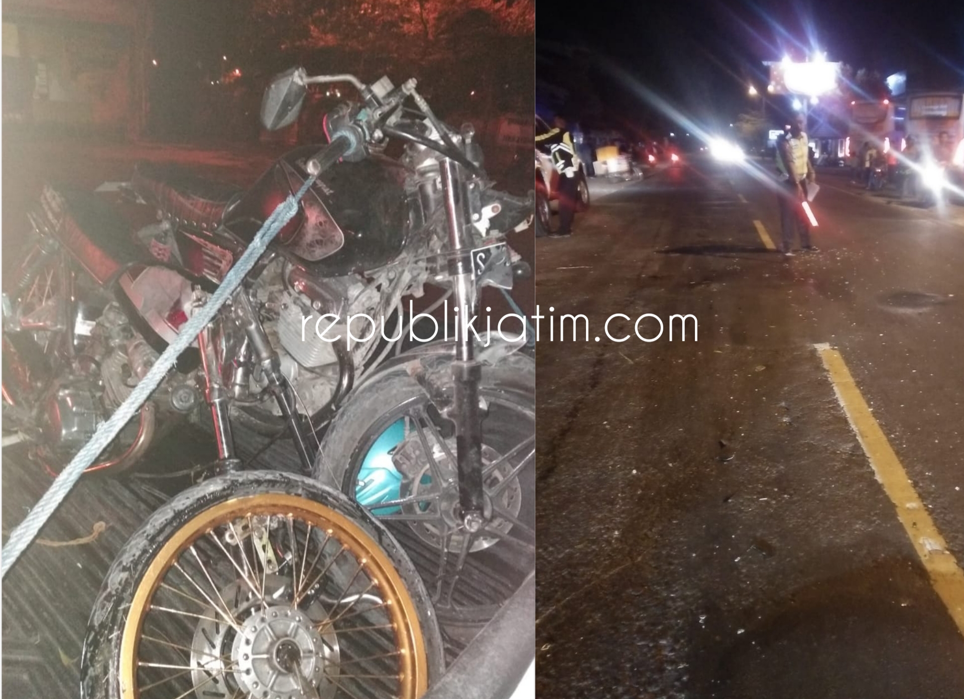 Kecelakaan 2 sepeda motor di Ngawi yang mengakibatkan kedua pengendara mengalami luka berat.