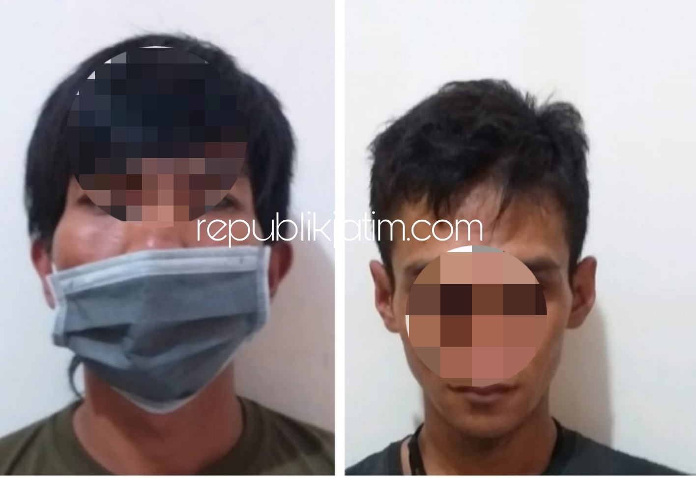 TERTANGKAP - Dua tersangka kasus pencurian, Andik Priyanto dan M Agus Nursalim diamankan petugas Polsek Balongbendo, Selasa (14/07/2020). 