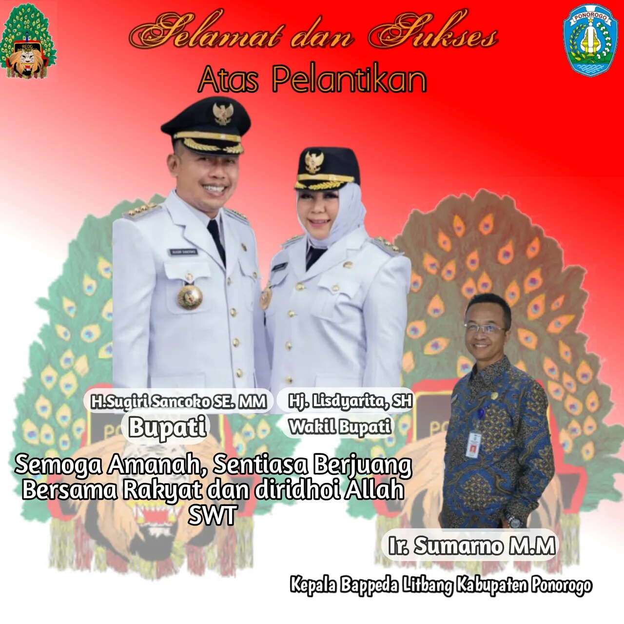 Kepala Bappeda Litbang Ir Sumarsono MM Mengucapkan Selamat dan Sukses Atas Pelantikan Sugiri Sancoko dan Lisdyarita sebagai Bupati dan Wakil Bupati Ponorogo Per