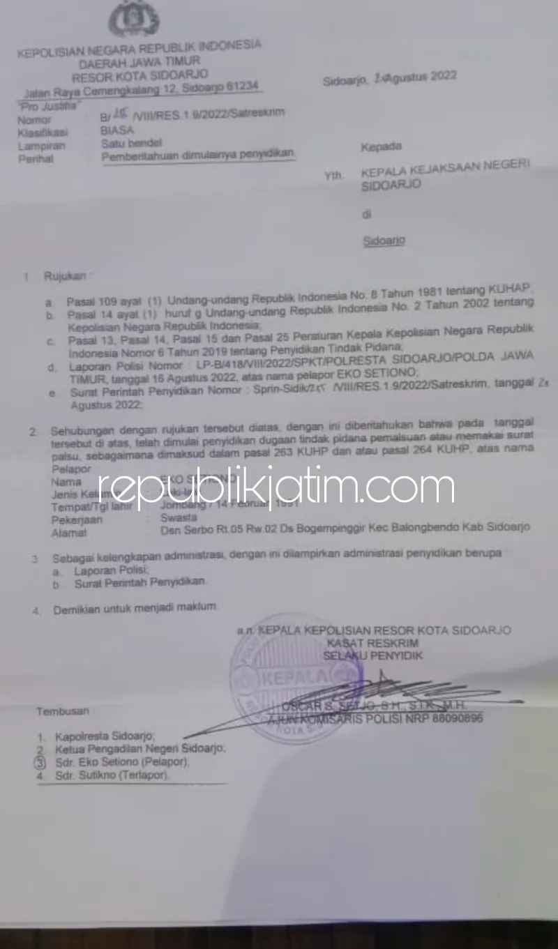 Penyidik Polresta Sidoarjo Kirim SPDP Dugaan Penggunaan Akta Kelahiran Palsu Kades Bogempinggir Ke Kejari Sidoarjo