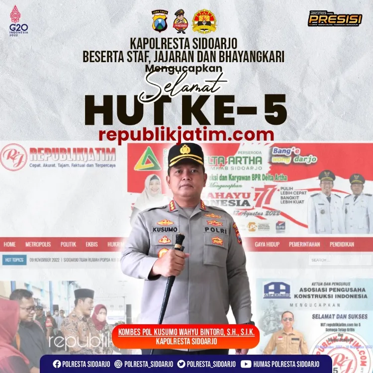 Kapolresta Sidoarjo Beserta Staf, Jajaran dan Bhayangkari Mengucapkan Selamat HUT republikjatim.com ke 5