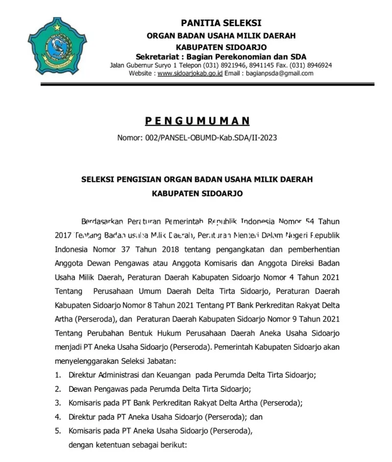 Lima Jabatan Strategis yang Kosong Bertahun-Tahun di BUMD Sidoarjo Dilelang Untuk Umum