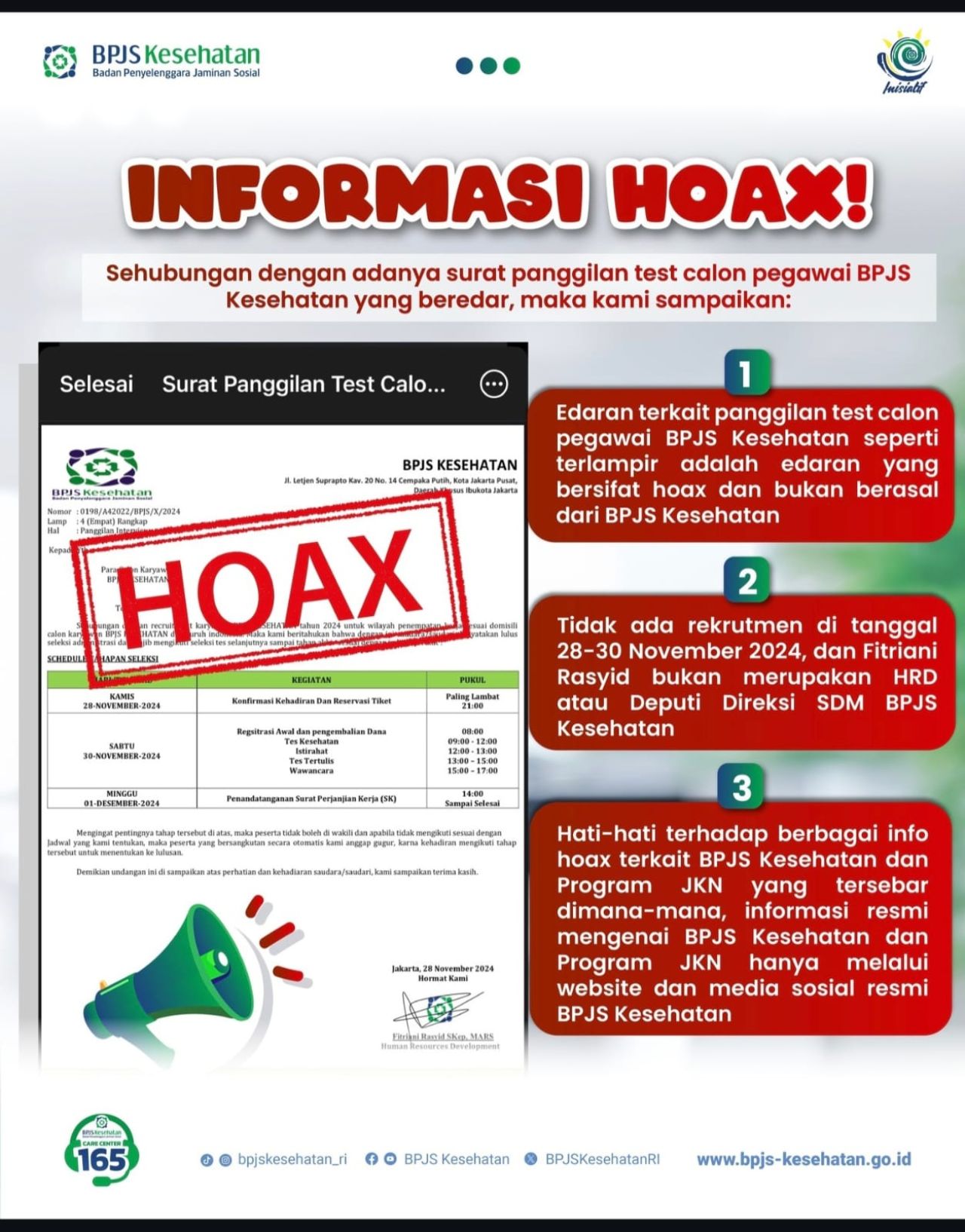 HOAX - BPJS Kesehatan Cabang Sidoarjo kali ini mengingatkan sedang marak adanya surat pemanggilan test calon pegawai BPJS Kesehatan yang sedang beredar untuk memastikan jika surat pemanggilan itu adalah berita hoax, Jumat (29/11/2024).