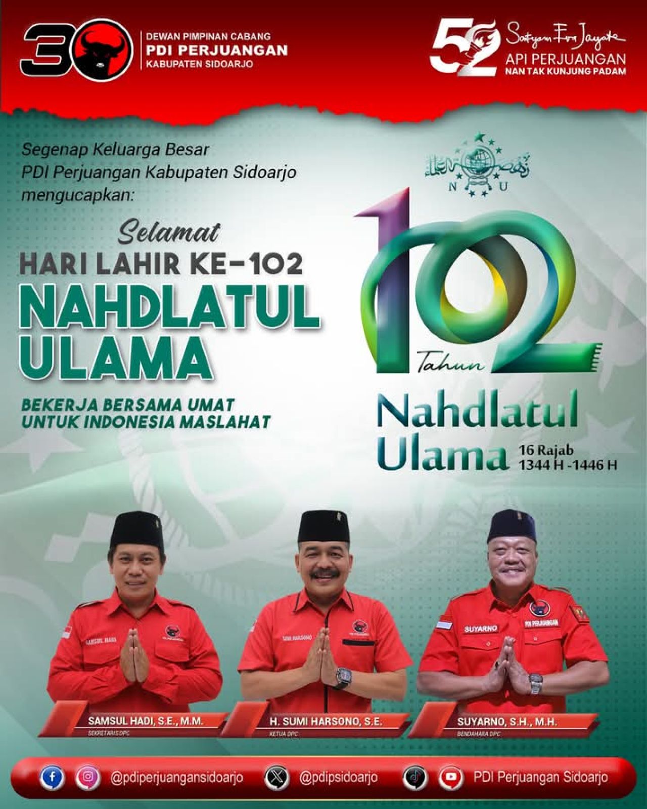 Segenap Keluarga Besar DPC PDI Perjuangan Sidoarjo Mengucapkan Selamat Hari Lahir ke 102 Nahdlatul Ulama