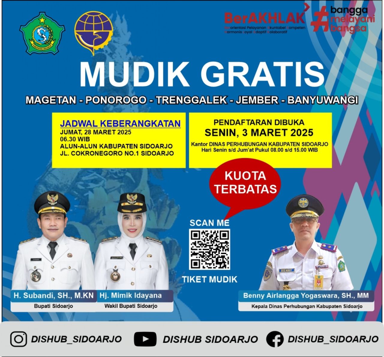 MUDIK GRATIS - Pemkab Sidoarjo kembali memberikan layanan mudik gratis untuk masyarakat pada lebaran Tahun 2025 ini dan pendaftarannya dibuka mulai tanggal 3 Maret 2025 kemarin.