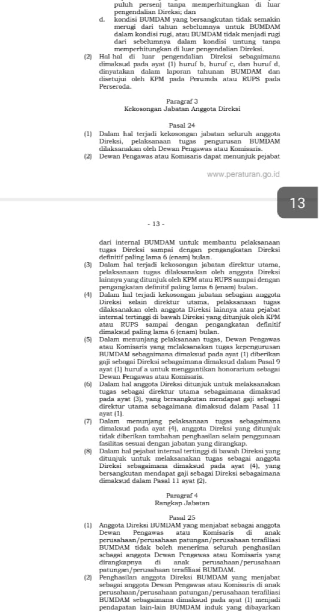 Klausul pengisian jabatan BUMD PDAM yang kosong dalam Permendagri Nomor 23 Tahun 2024.