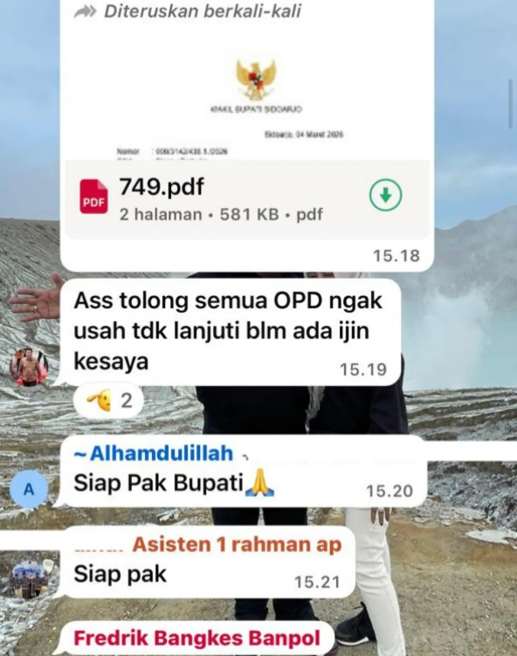 Begini Isi Instruksi Bupati Subandi Gagalkan Permintaan Data Resmi Wabup Mimik Idayana Lewat WAG Kepala OPD