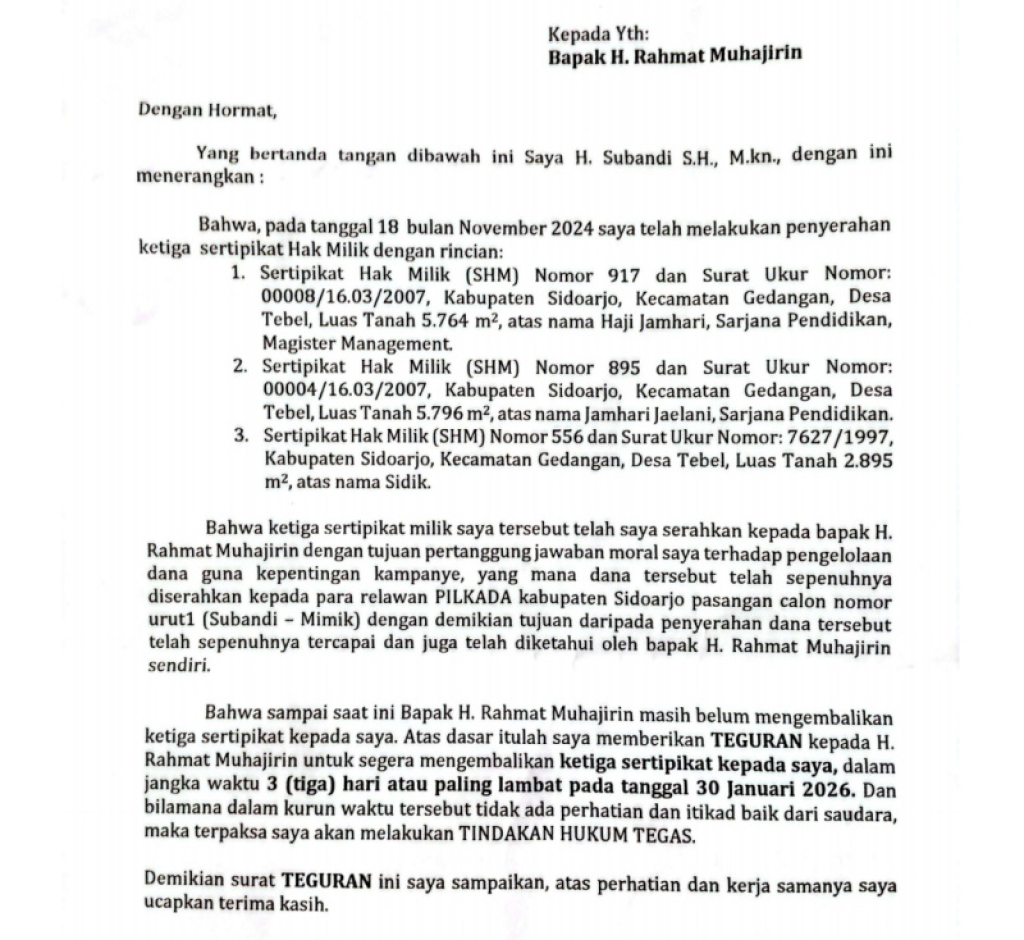 SOMASI - Bupati Sidoarjo Subandi mengirim surat somasi kepada Rahmat Muhajirin soal pengembalian tiga sertifikat lahan dengan status masih beralas hak Ikatan Jual Beli (IJB) dan berupa lahan hijau akhir Januari 2026 kemarin.