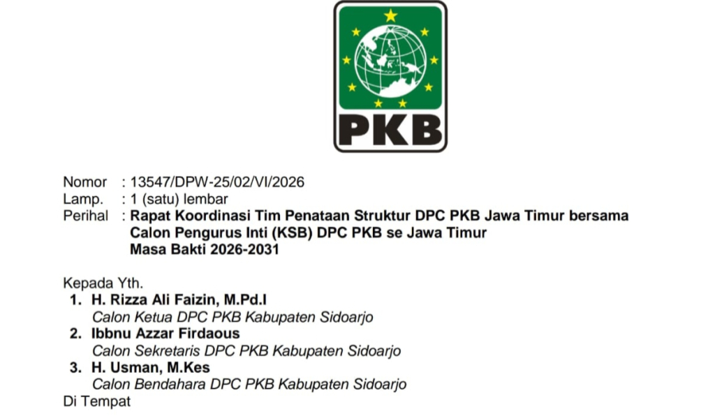 RESMI - Usai DPP PKB Sidoarjo menunjuk H Rizza Ali Faizin sebagai Ketua DPC akhirnya DPW PKB Jatim menunjuk Ibnu Azzhar Firdaus sebagai Sekretaris dan H Usman sebagai Bendahara DPC PKB Sidoarjo 2026 - 2031 di Surabaya, Sabtu (20/06/2026).