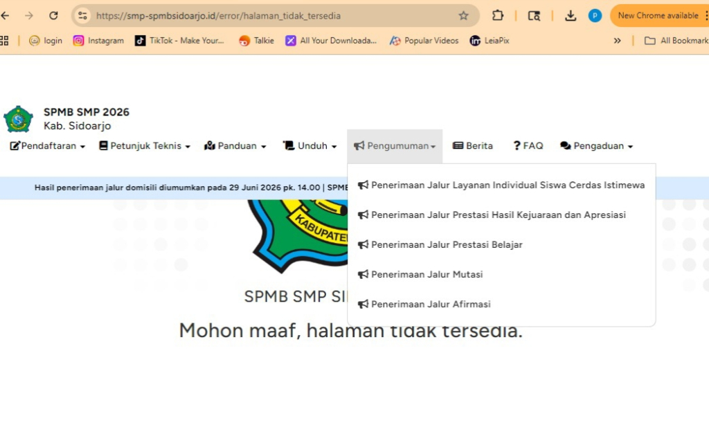 WEB - Laman web SPBM SMP Negeri Sidoarjo mendadak tidak bisa dibuka untuk kalangan umum (publik).