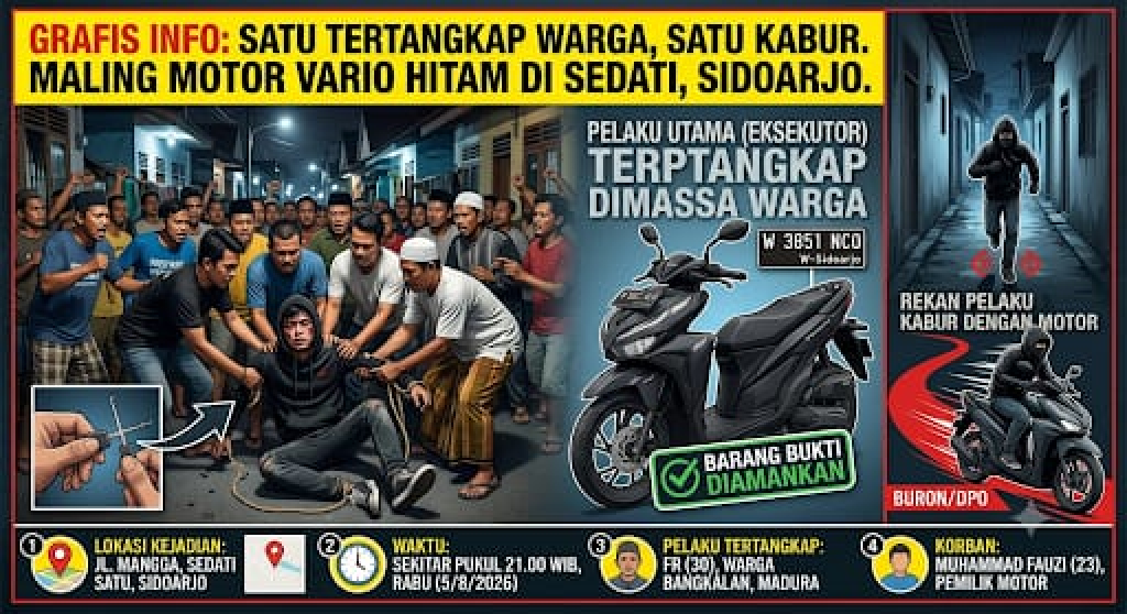DIMASSA - Ilustrasi seorang pelaku pencurian sepeda motor Honda Vario hitam yang tertangkap di Desa Pabean, Kecamatan Sedati, Sidoarjo dihajar massa usai tertangkap, Rabu (05/08/2026) kemarin.