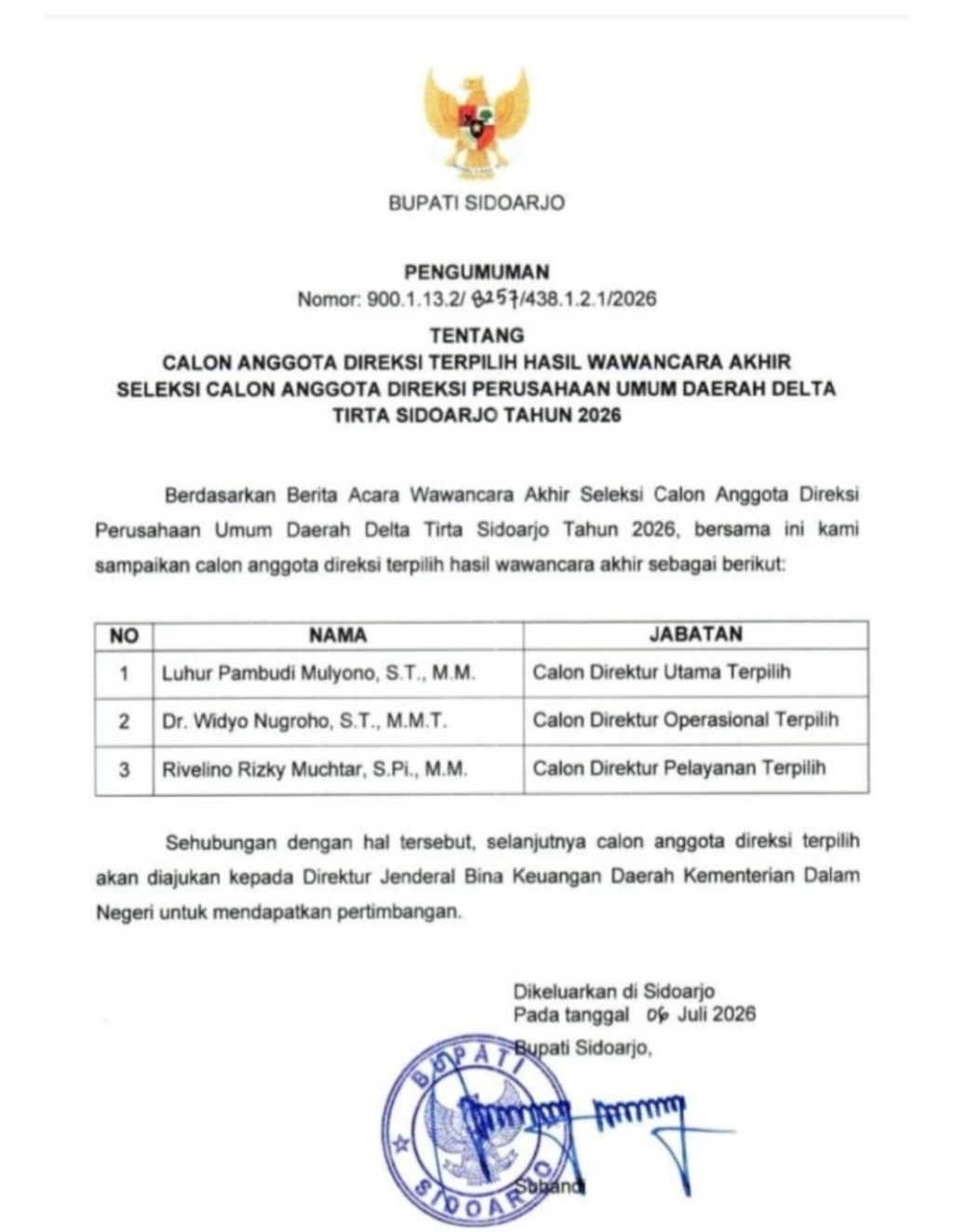 Tunggu Rekomendasi Kemendagri, Pelantikan Tiga Jajaran Direksi PDAM Sidoarjo Tertahan Lebih dari Sebulan