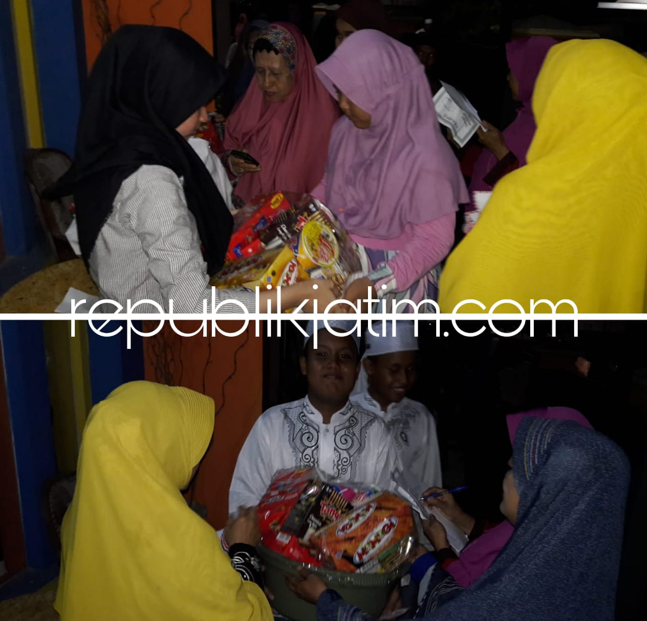 MEMBAGI - Keluarga besar Bupati LIRA Sidoarjo, M Nizar membagikan paket parcel untuk 125 anak yatim piatu dalan acara buka bersama yang digelar di Dusun Parengan, Desa Kraton, Kecamatan Krian, Senin (11/06/2018).