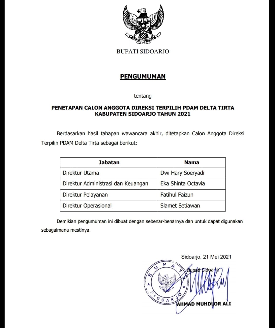 Inilah daftar empat jajaran direksi PDAM Delta Tirta Sidoarjo hasil Panitia Seleksi (Pansel) Tahun 2021 