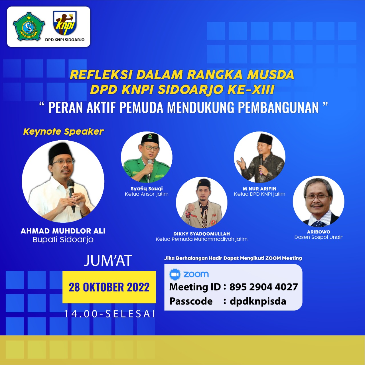 KEYNOTE SPEAKER - Bupati Sidoarjo Ahmad Muhdlor Ali menjadi Keynote Speaker dalam Musda KNPI Sidoarjo yang bakal diselenggarakan di Pendopo Delta Wibawa, Jumat (28/10/2022) besok.