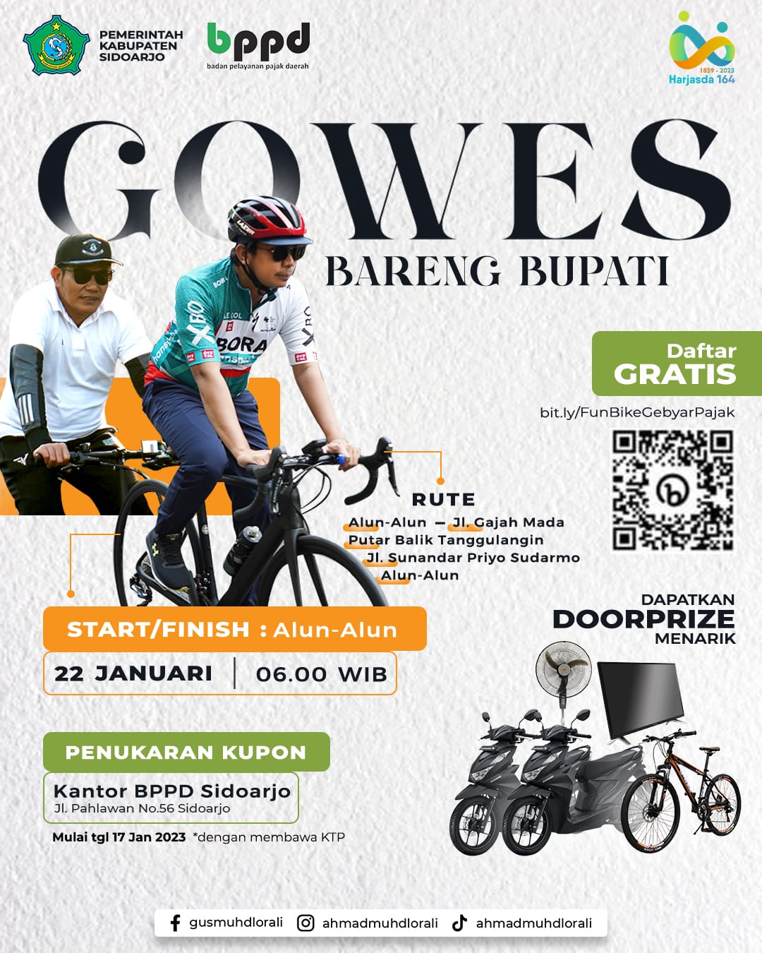 HADIAH - Inilah sejumlah hadiah yang disiapkan BPPD Pemkab Sidoarjo saat acara Gowes Bareng Bupati Sidoarjo, Ahmad Muhdlor Ali, Minggu (22/01/2023) besok.