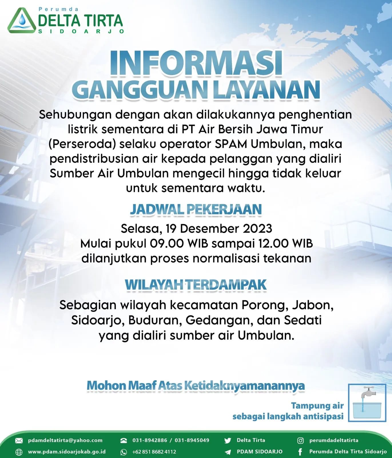 GANGGUAN - Pamflet pengumuman gangguan layanan Perumda Delta Tirta Sidoarjo karena pekerjaan proyek Umbulan.