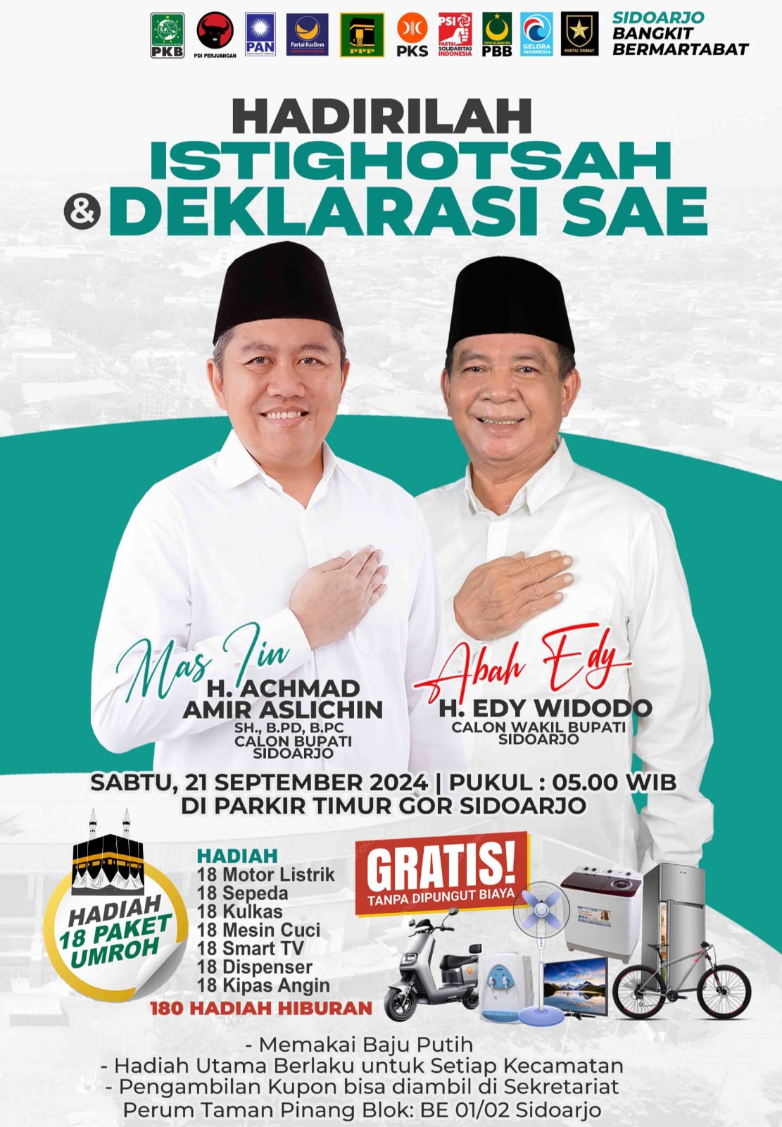 DEKLARASI - Istighotsah Iringi Deklarasi Paslon Mas Iin dan Edy Widodo, Tim Pemenangan Siapkan Hadiah Utama 18 Paket Umroh dalam 1 Juta Kupon di GOR Sidoarjo, Sabtu (21/09/2024) besok.