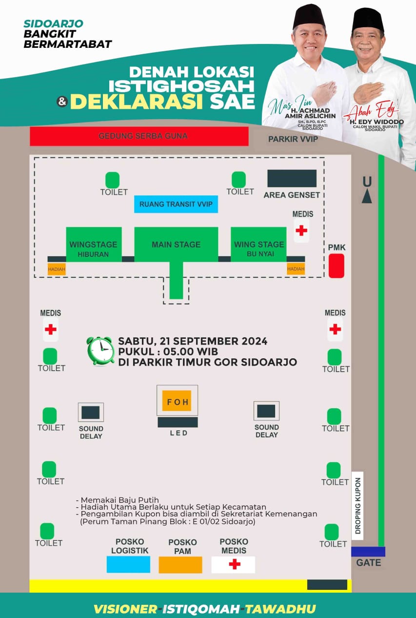 DENAH - Begini denah acara Istighotsah dan deklarasi Pasangan Calon (Paslon) Bupati dan Wakil Bupati, Achmad Amir Aslichin dan Edy Widodo di GOR Gelora Delta Sidoarjo, Sabtu (21/09/2024) pagi.