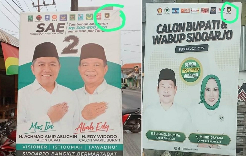 SPANDUK - Bawaslu Sidoarjo bakal menertibkan sejumlah spanduk Paslon yang dinilai melanggar karena menempelkan logo partai bukan pendukung dan pengusungnya, Jumat (04/10/2024). 