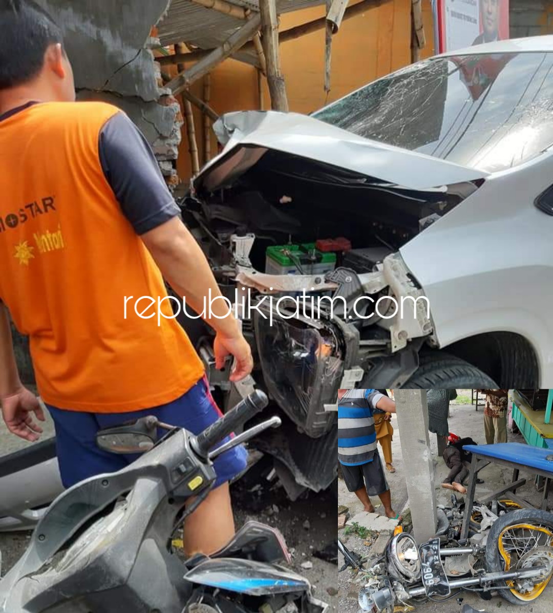 BERUNTUN - Sebuah mobil Mitsubishi Expander menabrak 4 motor di JL Raya Tanggul, Kecamatan Wonoayu, Sidoarjo hingga menyebabkan seorang korban tewas dan 3 lainnya terluka, Rabu (02/01/2019).