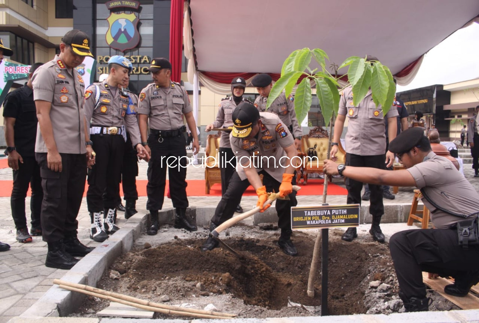 TANAM POHON - Wakapolda Jatim, Brigjen Pol Djamaludin beserta beberapa Pejabat Utama Polda Jatim, dan Kapolresta Sidoarjo Kombes Pol Zain Dwi Nugroho memimpin acara menanam 2.500 pohon di kantor Polresta Sidoarjo baru, Jumat (10/11/2020).