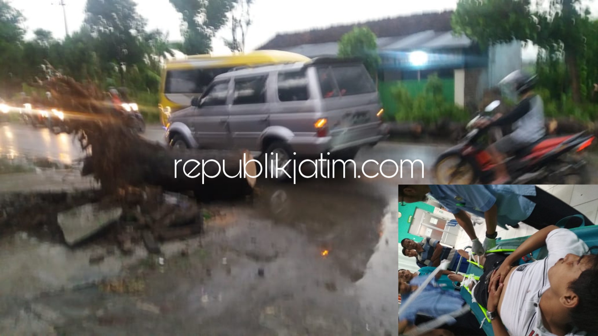 TERTIMPA - Pengendara motor, Rio Andi Al Faris (23) warga Banjarejo, Desa Trisono, Kecamatan Babadan tertimpa pohon di JL Niken Gandini Juranggandul, Kelurahan Kadipaten, Kecamatan Babadan, Ponorogo, Jumat (11/01/2019) petang.
