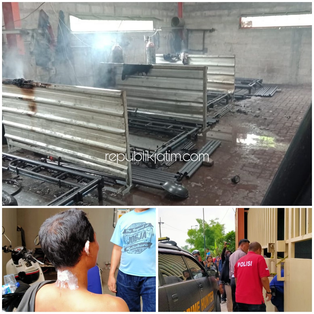 TERBAKAR - Pabrik produsen scaffolding CV AM Nanda Putra yang ada di Desa Kramat Jegu, Kecamatan Taman, Sidoarjo ludes terbakar hingga seorang tewas dan 9 orang lainnya terluka, Rabu (15/01/2020).
