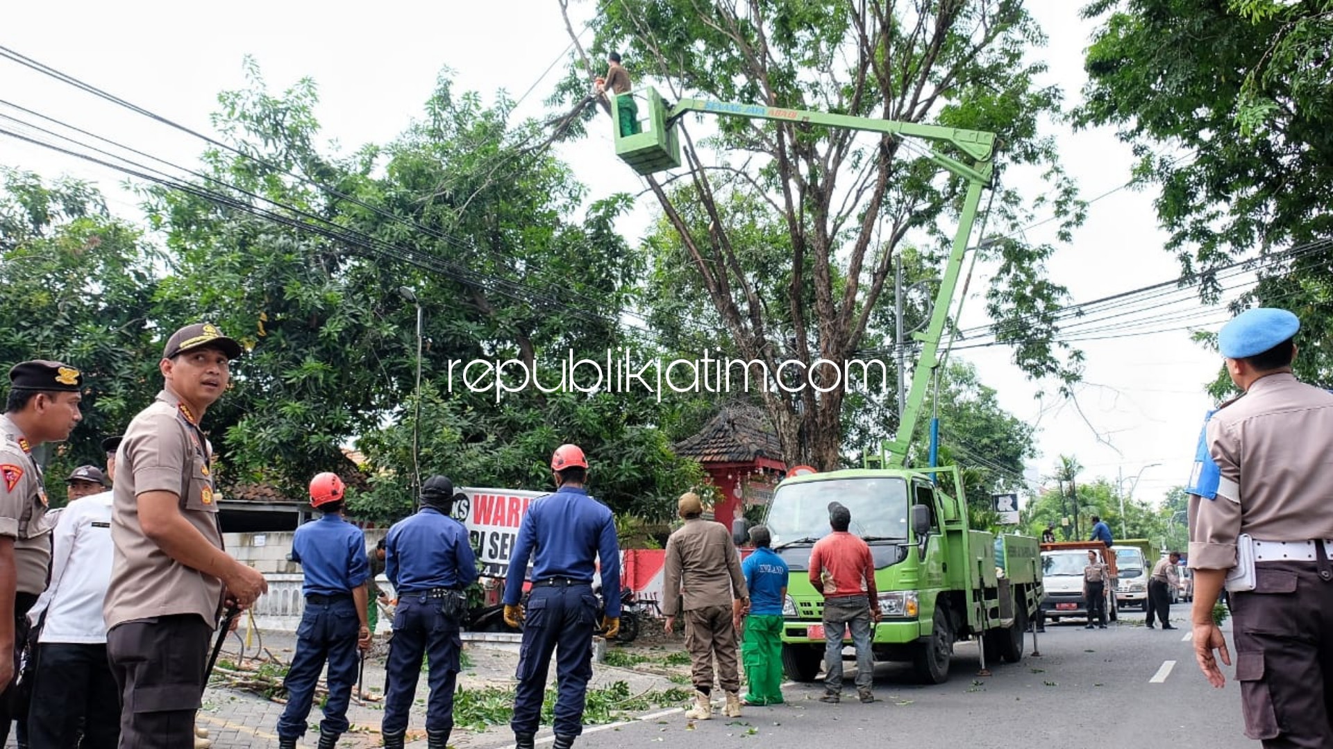 POTONG - Petugas DLHK, BPBD, TNI dan Polresta Sidoarjo memotongi sejumlah pohon peneduh jalan yang ada di sekitar Polresta Sidoarjo, Rabu (15/01/2020).