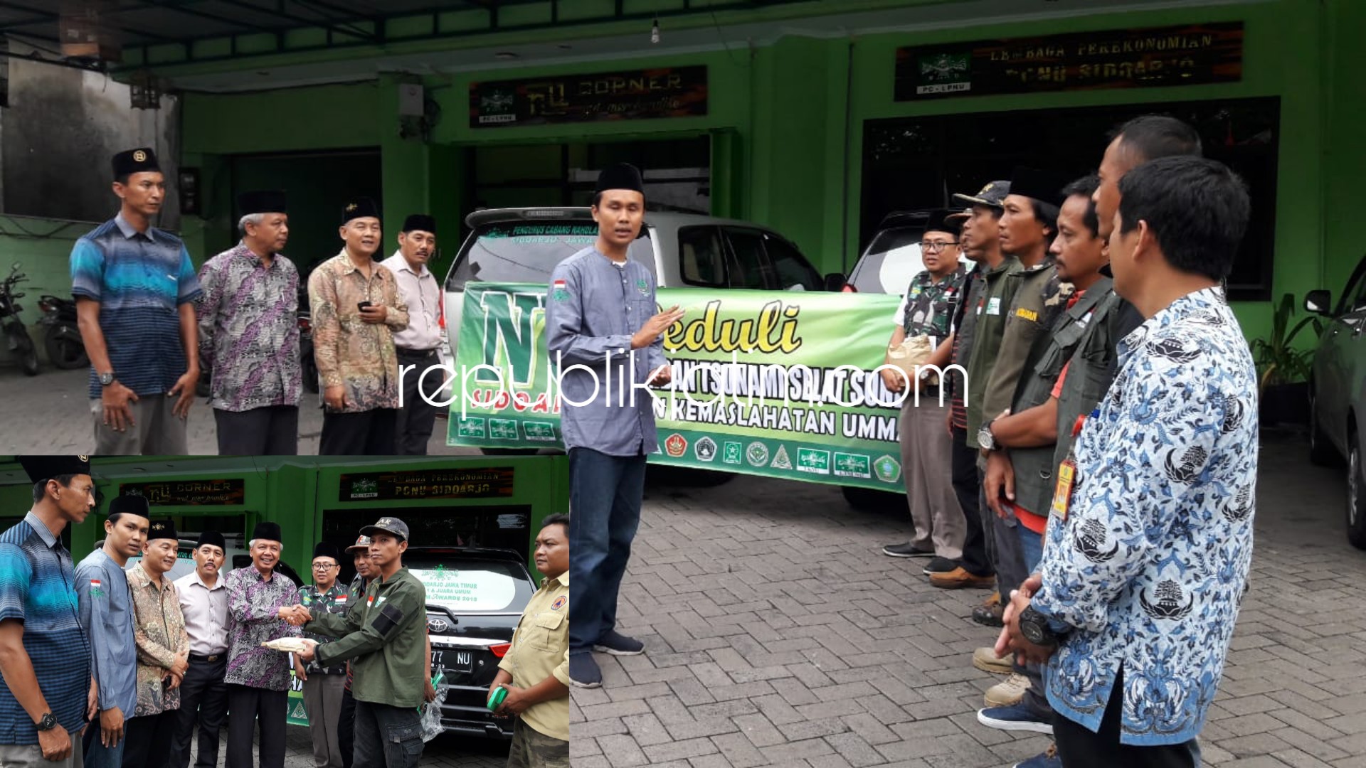 BERANGKATKAN - Direktur NU Care Lazisnu Sidoarjo, Dodi Dyauddin dan Wakil Ketua PCNU Sidoarjo, KH Mohammad Kirom memberangkatkan para relawan dan bantuan kemanusiaan ke korban Tsunami Banten dan Lampung, Kamis (17/01/2019).