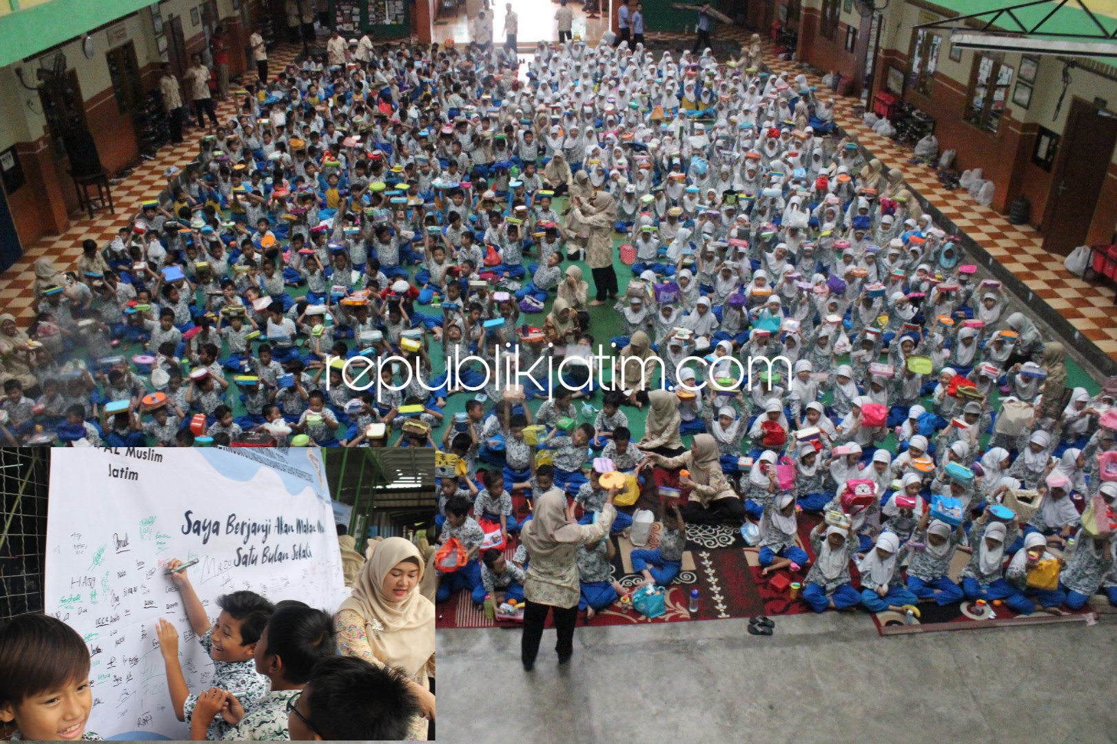 PERINGATAN - Sekitar 800 siswa dan siswi SD Al Muslim mengikuti kegiatan Hari Gizi Nasional SD kerjasama dengan Departemen Gizi, Fakultas Kesehatan Masyarakat Unair, Rabu (23/01/2019).