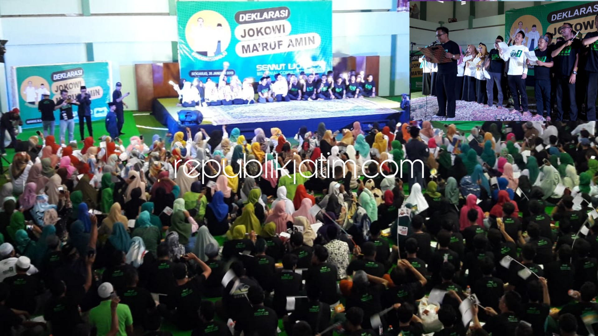 DEKLARASI - Ribuan santri yang tergabung dalam relawan Semut Ijo deklarasi mendukung pasangan Capres dan Cawapres Joko Widodo dan KH Ma'ruf Amin di GOR Pondok Pesantren Progresif Bumi Shalawat Desa Lebo, Sidoarjo, Sabtu (26/01/2019).