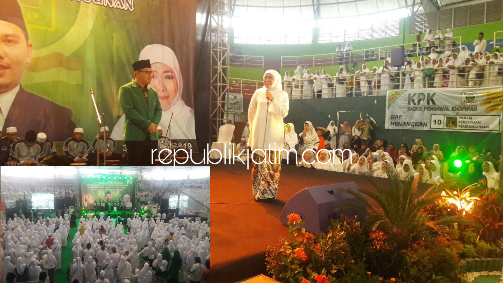 SAMBUTAN - Gubernur Jatim Terpilih, Khofifah Indar Parawansa didampingi Caleg DPR RI PPP, M Habibur Rochman memberi sambutan dihadapan ribuan peserta Silaturrahmi dan Konsolidasi Relawan PPP di GOR Sidoarjo, Rabu (30/01/2019).