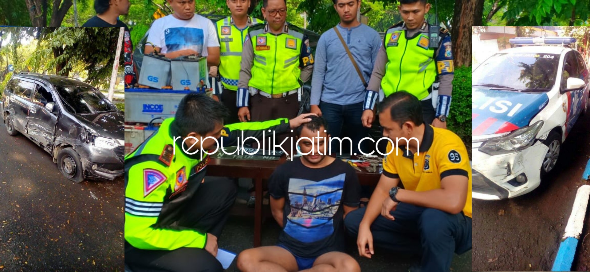 SPESIALIS - Tersangka spesialis pencurian aki truk parkir, Moh Rosi (40) diringkus petugas PJR Waru usai aksi kejar-kejaran layaknya di film hingga tol Banyuurip, Surabaya beserta barang 6 unit aki di kantor PJR Tol Jatim 2 Waru, Sabtu (02/02/2019).