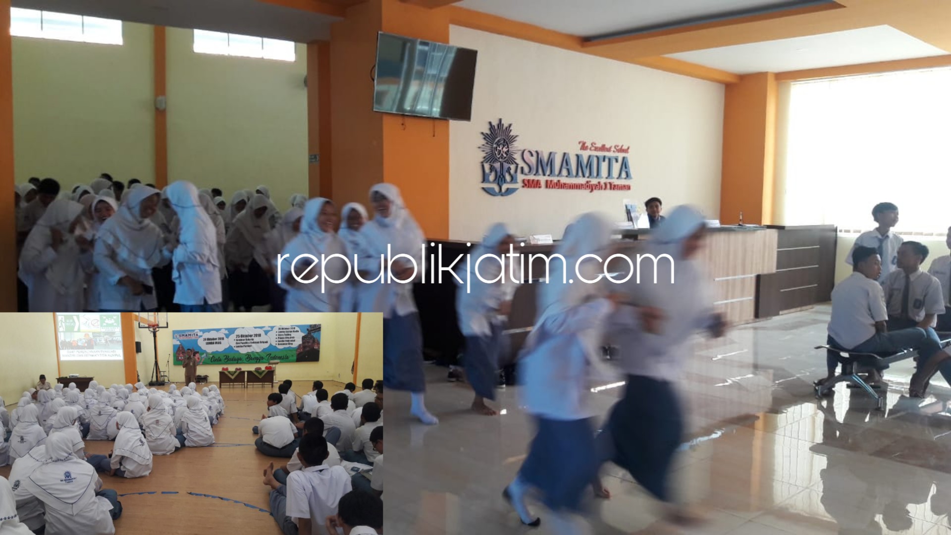 MITIGASI BENCANA - Sebanyak 659 siswa dan siswi SMA Muhammadiyah 1 Taman (Smamita) diajari mitigasi bencana petugas BPBD Pemkab Sidoarjo, Senin (04/02/2019).