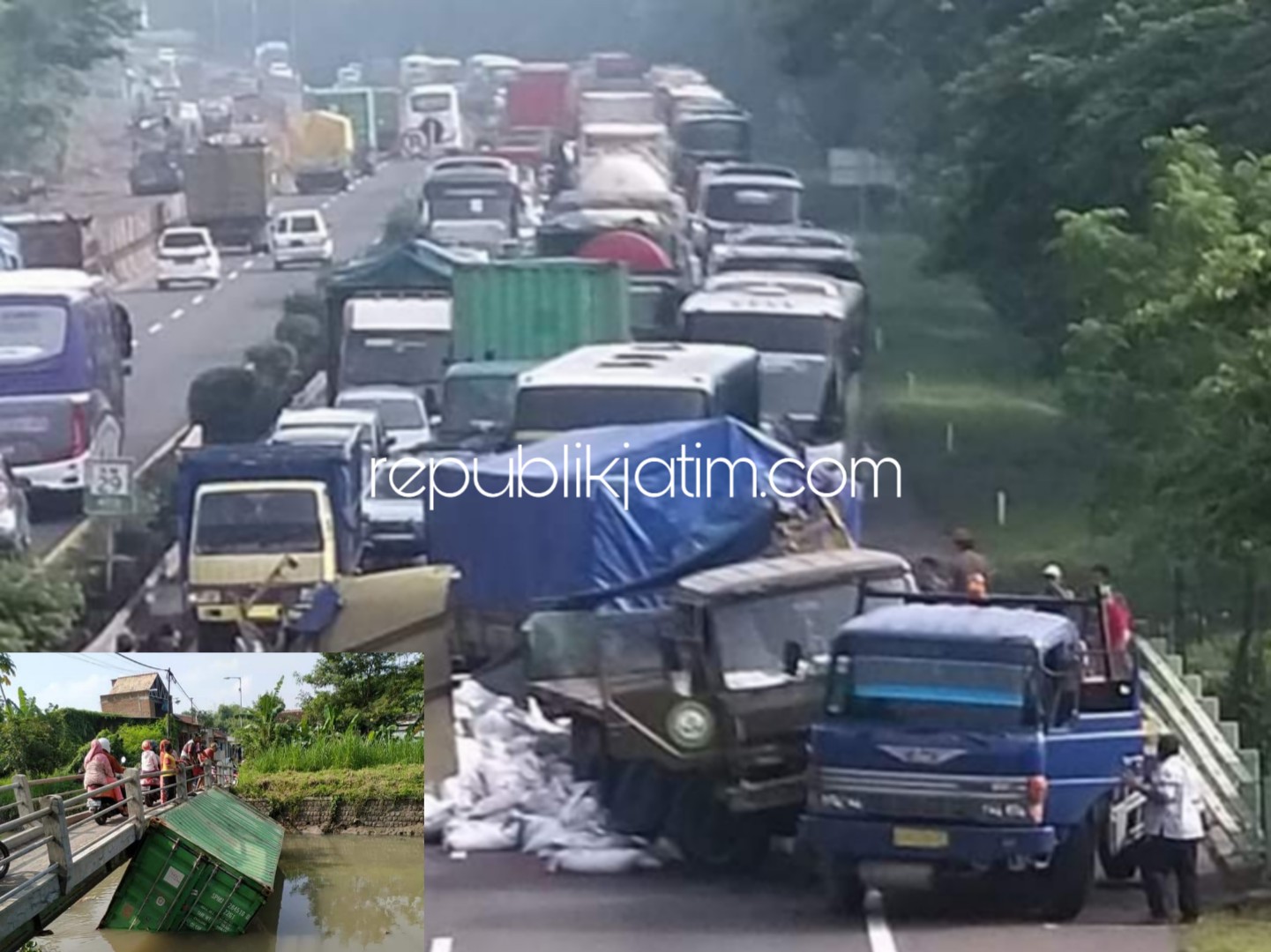 PICU KEMACETAN - Kecelakaan truk pupuk lawan truk kontainer memicu kemacetan di jalan tol KM 29, Desa Jati, Kecamatan/Kabupaten Sidoarjo, Rabu (13/02/2019).