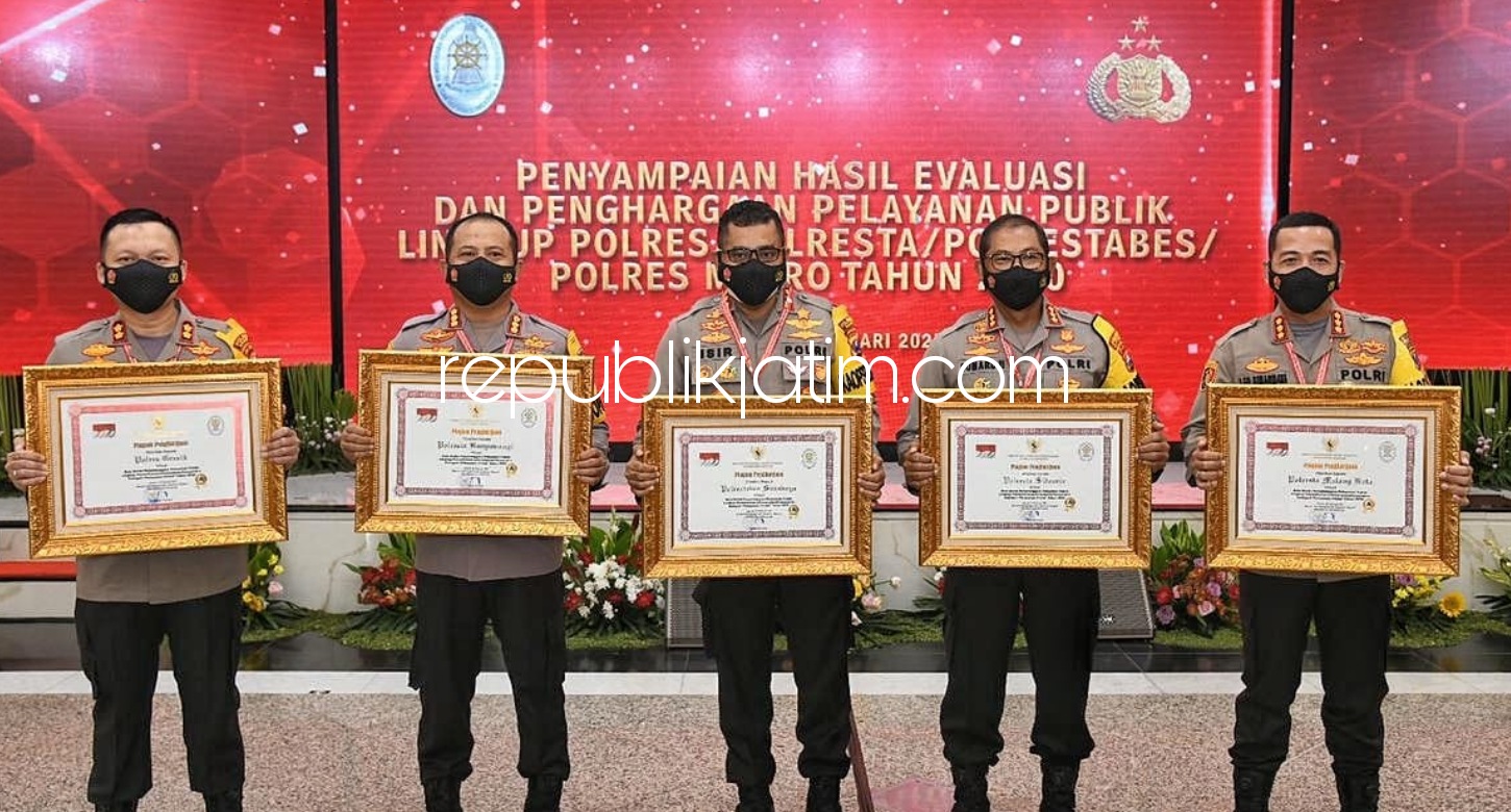 PENGHARGAAN - Kapolresta Sidoarjo, Kombes Pol Sumardji menerima penghargaan kategori Pelayanan Prima (A) Tahun 2020 di lingkungan Polres, Polresta, Polrestabes serta Polres Metro se Indonesia dari Kementerian PANRB, Selasa (16/02/2021).