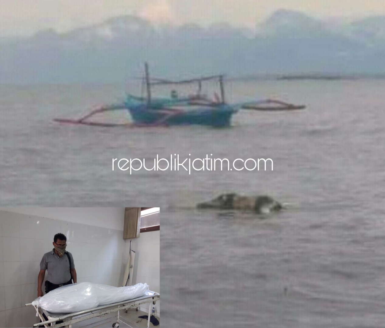DITEMUKAN - Kondisi jenazah Santoso ditemukan mengapung di perairan Pantai Wongsorejo, Banyuwangi dan Kanit Reskrim Polsek Porong, Ipda Sulasno saat memeriksa jenazah Santoso di RSUD Blambangan, Banyuwangi, Minggu (17/02/2019).
