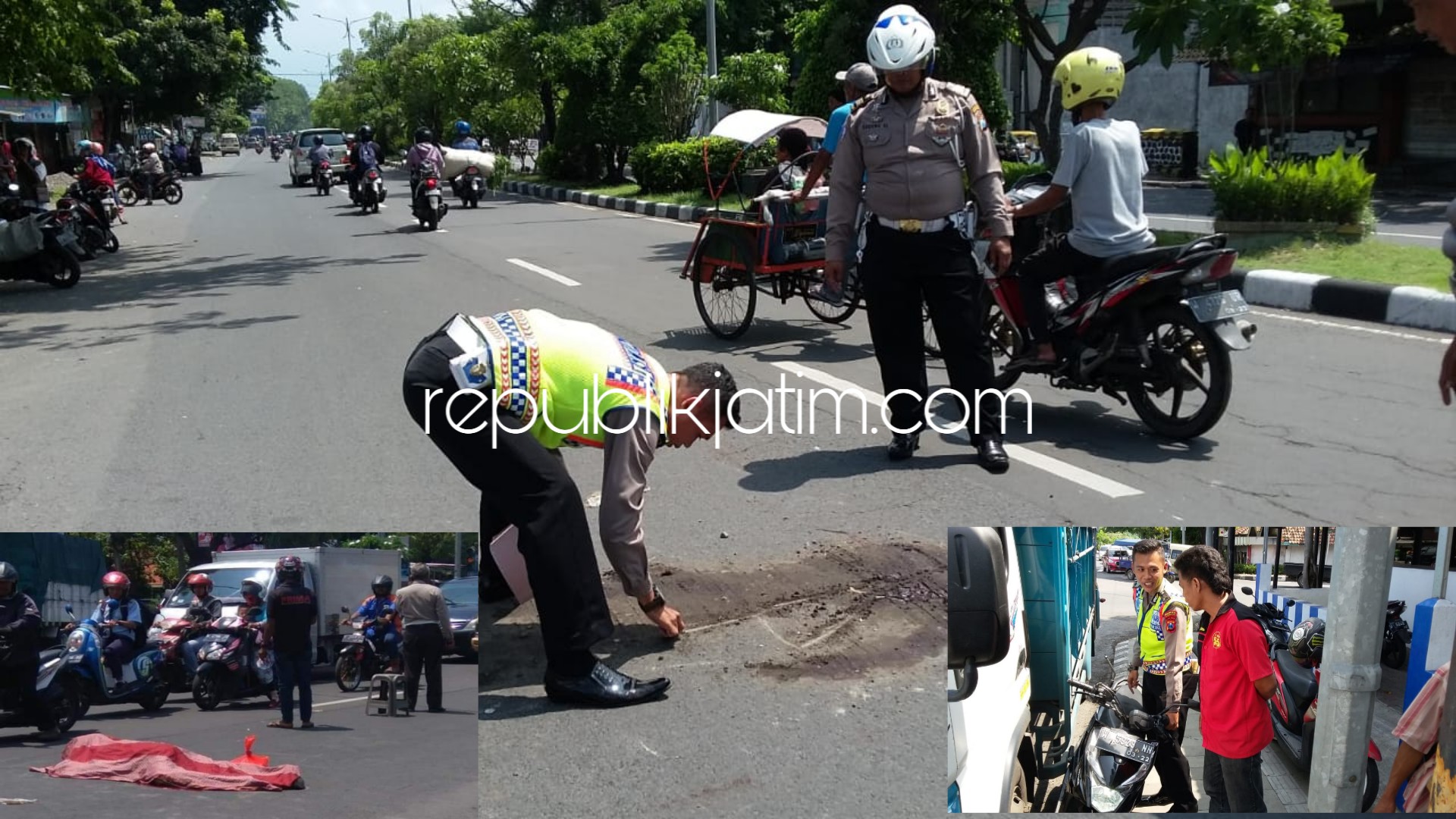 OLAH TKP - Kanit Laka, Satuan Lantas, Polresta Sidoarjo, AKP Sugeng Sulistyono bersama anggotanya menggelar olah TKP dan mengamankan kedua kendaraan yang terlibat kecelakaan di Desa Larangan, Kecamatan Candi, Sidoarjo, Senin (04/03/2019).