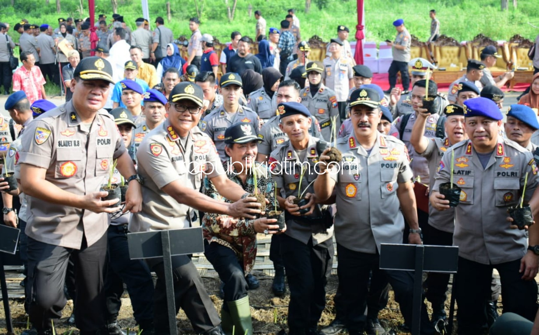 TANAM - Kabaharkam Polri Komjen Pol Agus Andrianto didampingi Kapolresta Sidoarjo Kombes Pol Sumardji dan Wabup Nur Ahmad Syaifuddin menanam 60.000 pohon Vetiver di Tanggul Sungai Porong, Kamis (12/03/2020).