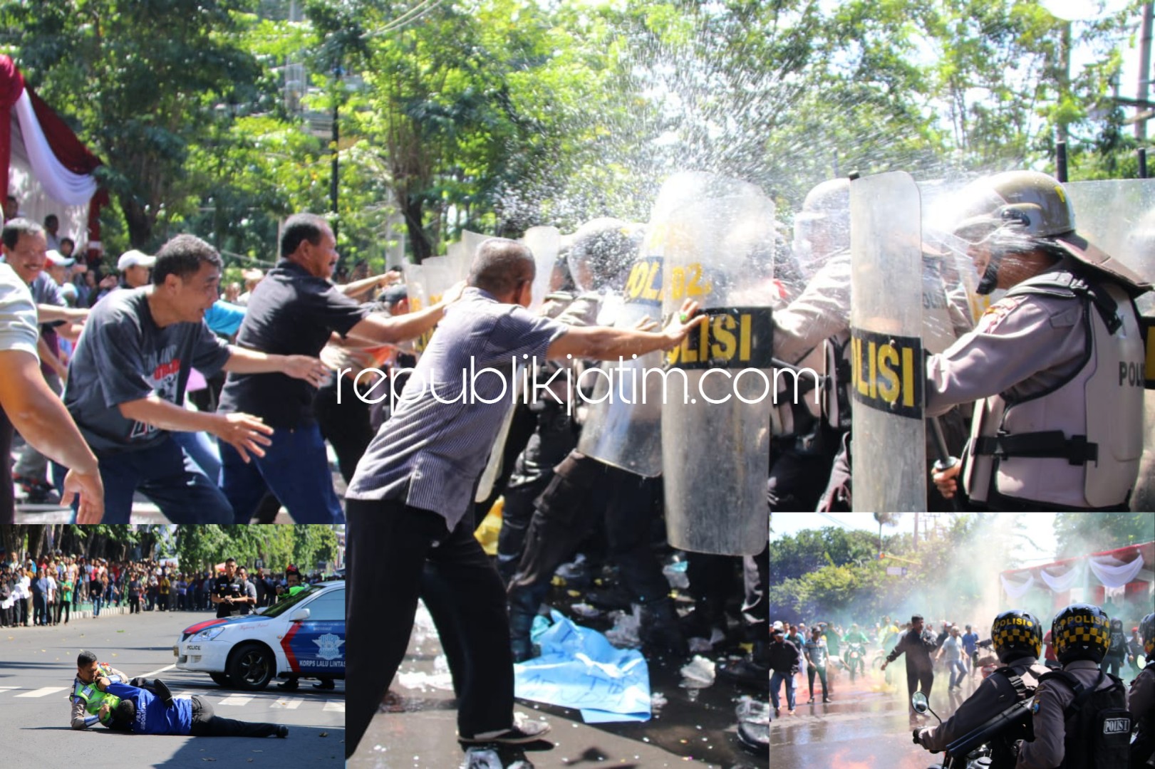 HALAU MASSA - Ratusan anggota Polresta Sidoarjo menghalau massa dari Caleg yang gagal lolos dalam Pemilu 2019 saat Simulasi Sispamkota di JL Sultan Agung Sidoarjo, Rabu (13/03/2019).
