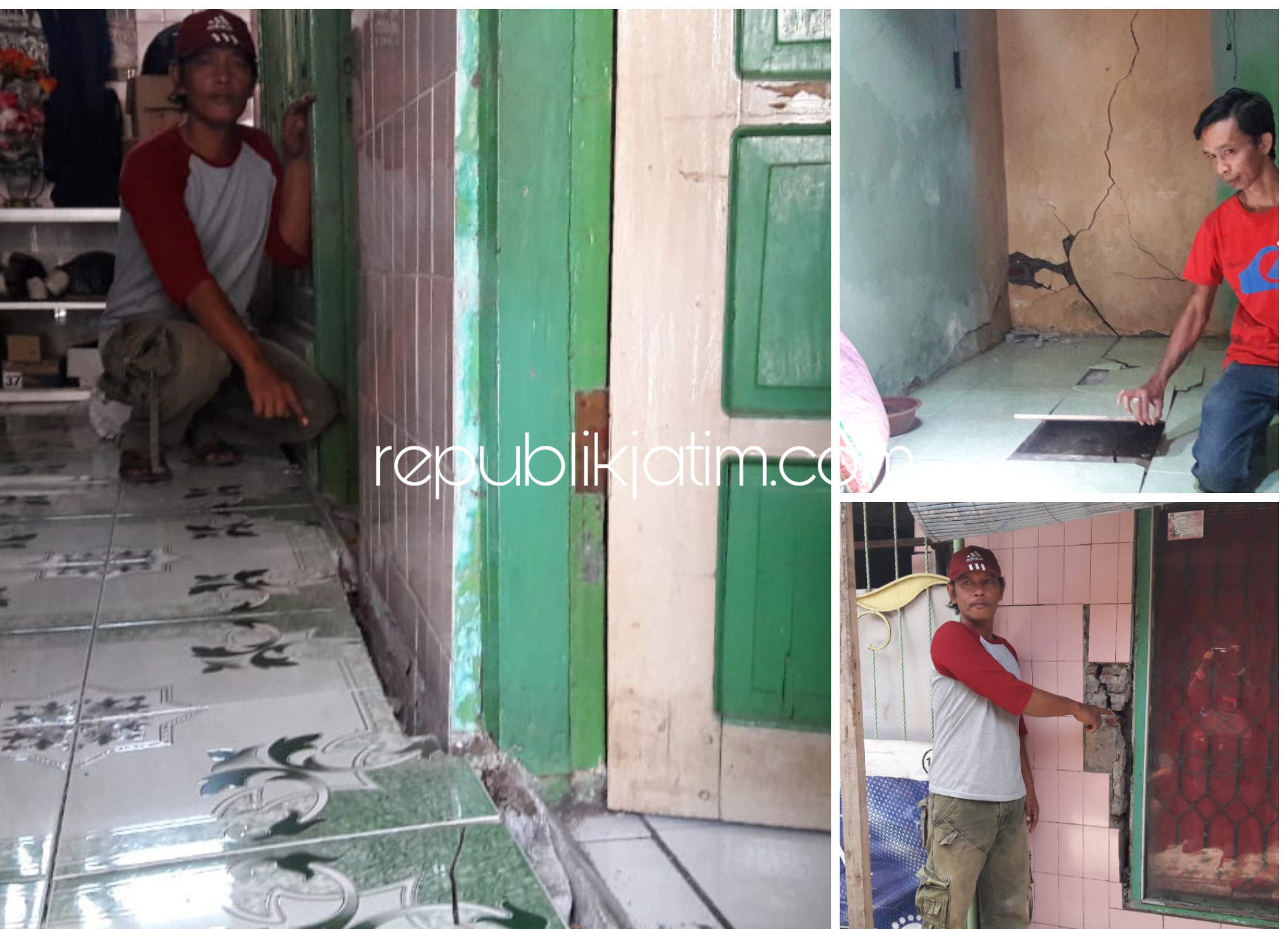 RETAK - Sejumlah warga RT 13, RW 04, Kelurahan Magersari, Kecamatan Sidoarjo menunjukkan rumahnya yang kondisinya retak-retak dan bergeser diduga akibat pemasangan tiang pancang Suncity Residence Apartemen, Kamis (14/03/2019).