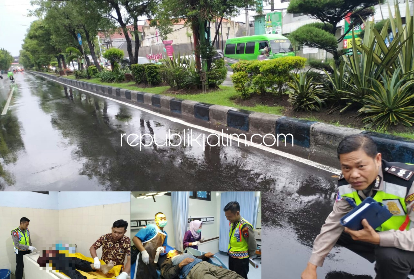 OLAH TKP - Sejumlah petugas Unit Laka Satuan Lantas Polresta Sidoarjo menggelar olah TKP kasus kecelakaan motor tabrak penyeberang di JL Jenggolo, Sidoarjo, Rabu (13/03/2019) sore.