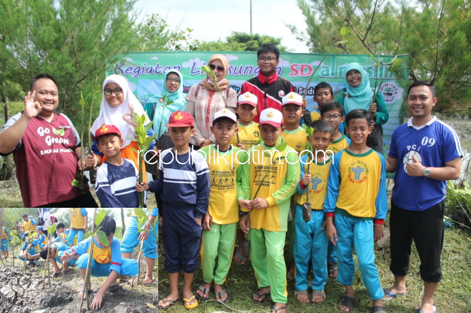 TANAM - Sekitar 156 siswa SD Al Muslim, guru kelas, green education team, PSB team, sekolah mitra gugus 03 Kecamatan Waru, Komite Sekolah dan SMP Al Muslim menanam 1.000 bibit mangrove di Taman Wisata Ecomanrove Gunung Anyar, Surabaya, Rabu (20/03/2019).